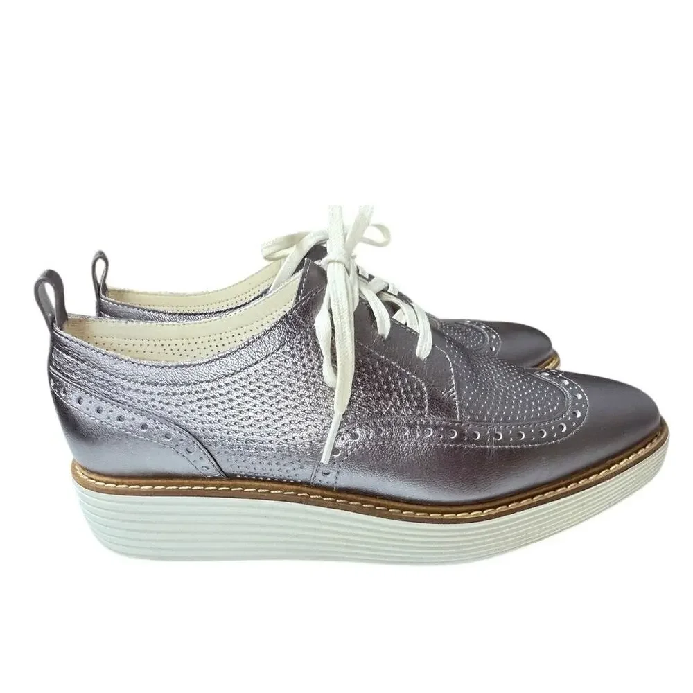 Cole Haan Metallic Pewter Grand Wingtip  Oxfords Sz 9B Platform Lace Up Shoes